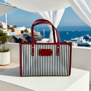 Kate Spade Sam Stripe Nautical Tote – Navy & White Canvas with Red Leather Trim